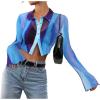 imageAvanova Women Sheer Mesh Button Down Crop Top Bell Sleeve Asymmetrical Hem ShirtTie Dye Blue