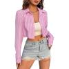 imageAvanova Women Striped Button Down Crop Top Collared Neck Long Sleeve Blouses ShirtPink