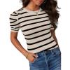 imageAvanova Women Striped Puff Short Sleeve Tops Ribbed Knit Summer Casual Shirts BlouseBeige Black