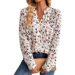 imageAvanova Women Boho Printed V Neck Tops Long Sleeve Shirts Work BlousesBeige Dots