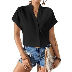 imageAvanova Women Button Down Short Sleeve Shirt Blouse V Neck Work Business Top Black Large