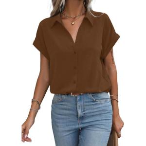 imageAvanova Women Button Down Short Sleeve Shirt Blouse V Neck Work Business TopBrown