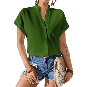 imageAvanova Women Button Down Short Sleeve Shirt Blouse V Neck Work Business TopGreen
