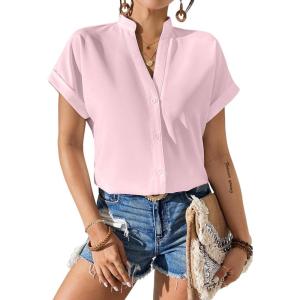 imageAvanova Women Button Down Short Sleeve Shirt Blouse V Neck Work Business TopPink