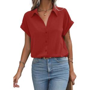 imageAvanova Women Button Down Short Sleeve Shirt Blouse V Neck Work Business TopRed