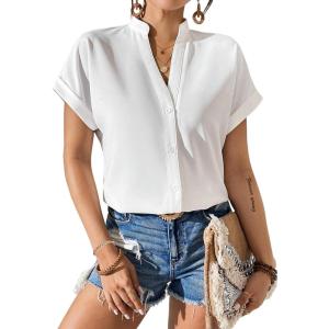 imageAvanova Women Button Down Short Sleeve Shirt Blouse V Neck Work Business TopWhite