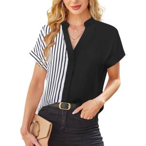imageAvanova Women Color Block V Neck Short Sleeve Blouses Shirts Work Elegant Dressy TopsBlack Striped