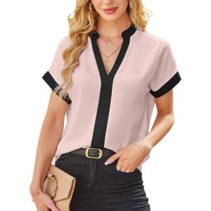 imageAvanova Women Color Block V Neck Short Sleeve Blouses Shirts Work Elegant Dressy TopsPink Black