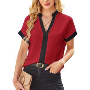 imageAvanova Women Color Block V Neck Short Sleeve Blouses Shirts Work Elegant Dressy TopsRed Black