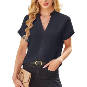imageAvanova Women Color Block V Neck Short Sleeve Blouses Shirts Work Elegant Dressy TopsSolid Black