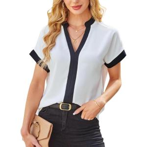 imageAvanova Women Color Block V Neck Short Sleeve Blouses Shirts Work Elegant Dressy TopsWhite Black