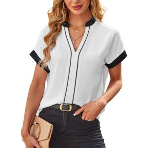 imageAvanova Women Color Block V Neck Short Sleeve Blouses Shirts Work Elegant Dressy TopsWhite Ringer
