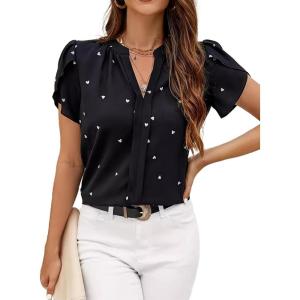 imageAvanova Women Heart Print Tulip Short Sleeve Shirt Blouse Notched V Neck Work TopBlack