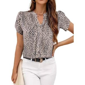 imageAvanova Women Heart Print Tulip Short Sleeve Shirt Blouse Notched V Neck Work TopKhaki Leopard