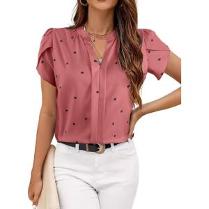 imageAvanova Women Heart Print Tulip Short Sleeve Shirt Blouse Notched V Neck Work TopPink