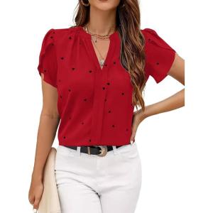 imageAvanova Women Heart Print Tulip Short Sleeve Shirt Blouse Notched V Neck Work TopRed