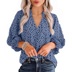 imageAvanova Women Leopard Print Ruffle V Neck Top 34 Long Sleeves Work Business Blouses ShirtBlue