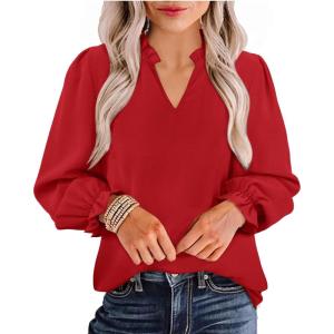 imageAvanova Women Leopard Print Ruffle V Neck Top 34 Long Sleeves Work Business Blouses ShirtDark Red