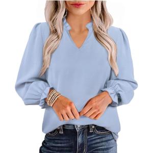 imageAvanova Women Leopard Print Ruffle V Neck Top 34 Long Sleeves Work Business Blouses ShirtLight Blue