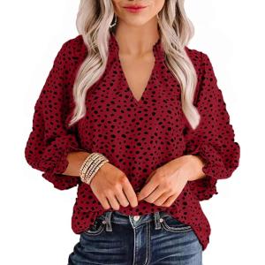 imageAvanova Women Leopard Print Ruffle V Neck Top 34 Long Sleeves Work Business Blouses ShirtRed