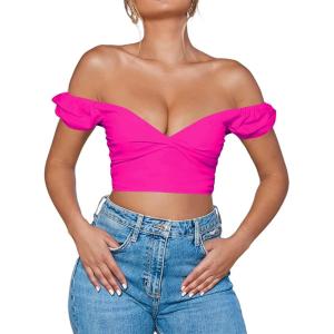 imageAvanova Women Off Shoulder Short Sleeve Crop Top Twist Front V Neck Blouse Sexy Shirt Hot Pink XSmall