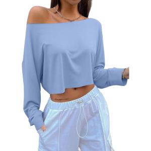 imageAvanova Women Off The Shoulder Crop Tops Long Sleeves Boat Neck Oversized Loose Tee ShirtsBaby Blue