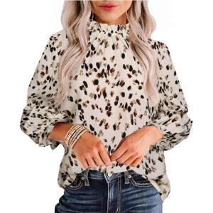 imageAvanova Women Polka Dot Long Sleeve Blouse Shirts Work Mock Neck Ruffle TopBeige Dots