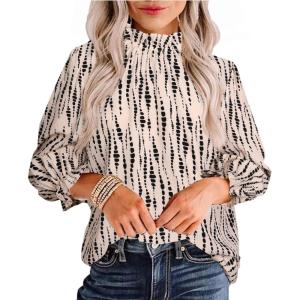 imageAvanova Women Polka Dot Long Sleeve Blouse Shirts Work Mock Neck Ruffle TopBeige Striped B