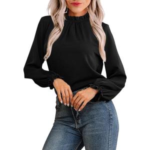imageAvanova Women Polka Dot Long Sleeve Blouse Shirts Work Mock Neck Ruffle TopBlack