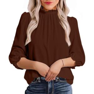 imageAvanova Women Polka Dot Long Sleeve Blouse Shirts Work Mock Neck Ruffle TopCoffee Brown