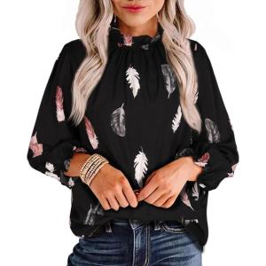 imageAvanova Women Polka Dot Long Sleeve Blouse Shirts Work Mock Neck Ruffle TopFeather Black
