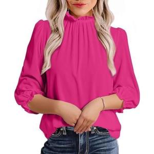 imageAvanova Women Polka Dot Long Sleeve Blouse Shirts Work Mock Neck Ruffle TopHot Pink