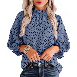 imageAvanova Women Polka Dot Long Sleeve Blouse Shirts Work Mock Neck Ruffle TopLeopard Blue