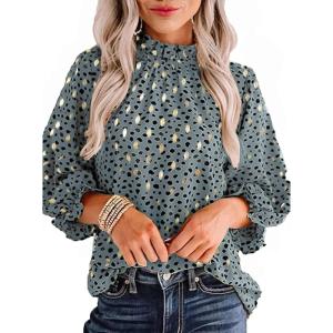 imageAvanova Women Polka Dot Long Sleeve Blouse Shirts Work Mock Neck Ruffle TopLeopard Green Gold
