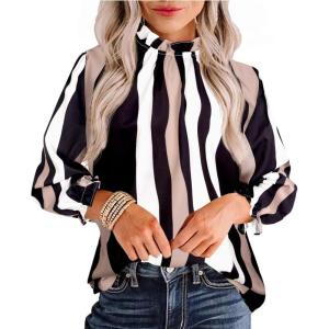 imageAvanova Women Polka Dot Long Sleeve Blouse Shirts Work Mock Neck Ruffle TopMuti Striped