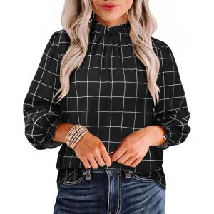 imageAvanova Women Polka Dot Long Sleeve Blouse Shirts Work Mock Neck Ruffle TopPlaid Black