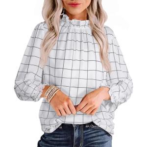 imageAvanova Women Polka Dot Long Sleeve Blouse Shirts Work Mock Neck Ruffle TopPlaid White