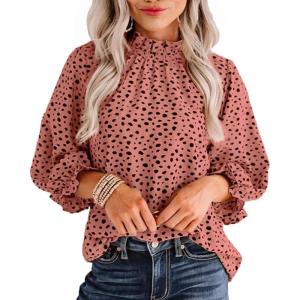 imageAvanova Women Polka Dot Long Sleeve Blouse Shirts Work Mock Neck Ruffle TopRust Red