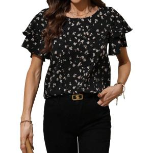 imageAvanova Women Print Ruffle Flutter Blouse Short Sleeve Work Business Top ShirtBlack
