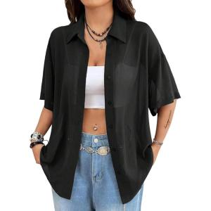 imageAvanova Women See Through Mesh Button Down Top Half Sleeve Collared Shirt BlouseBlack