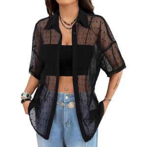 imageAvanova Women See Through Mesh Button Down Top Half Sleeve Collared Shirt BlouseBlack Dots