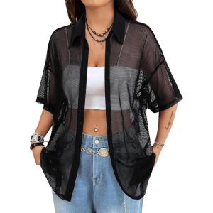 imageAvanova Women See Through Mesh Button Down Top Half Sleeve Collared Shirt BlouseBlack Hollow