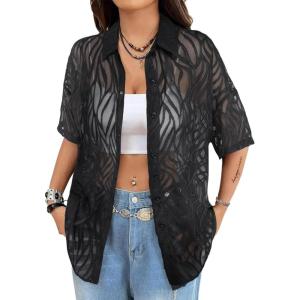 imageAvanova Women See Through Mesh Button Down Top Half Sleeve Collared Shirt BlouseBlack Line