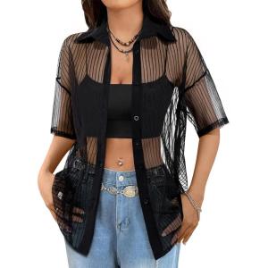 imageAvanova Women See Through Mesh Button Down Top Half Sleeve Collared Shirt BlouseBlack Sheer
