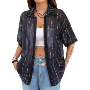 imageAvanova Women See Through Mesh Button Down Top Half Sleeve Collared Shirt BlouseBlack Striped