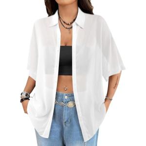imageAvanova Women See Through Mesh Button Down Top Half Sleeve Collared Shirt BlouseWhite