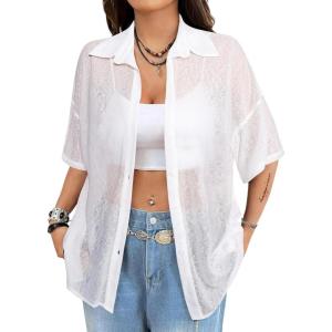 imageAvanova Women See Through Mesh Button Down Top Half Sleeve Collared Shirt BlouseWhite Sheer