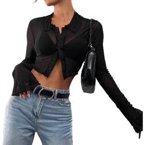 imageAvanova Women Sheer Mesh Button Down Crop Top Bell Sleeve Asymmetrical Hem ShirtBlack C