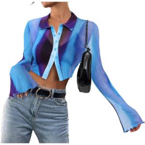 imageAvanova Women Sheer Mesh Button Down Crop Top Bell Sleeve Asymmetrical Hem ShirtTie Dye Blue