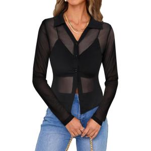 imageAvanova Women Sheer Mesh Crop Top Button Down Slim Fit Long Sleeve Blouse ShirtBlack